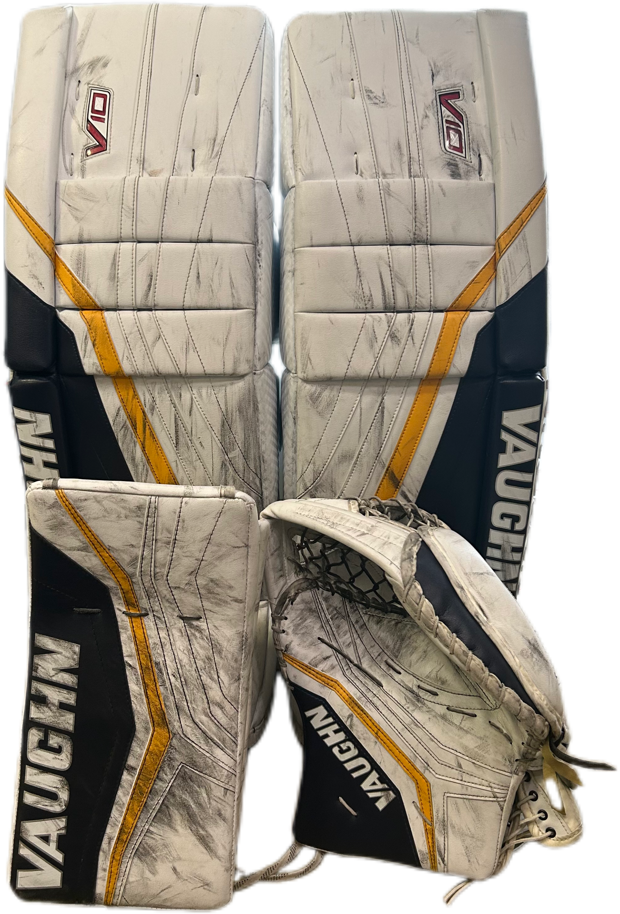Vaughn Velocity V10 - Ensemble complet de gardien de but Pro Stock d'occasion (blanc/bleu marine/jaune)